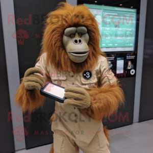 Beige Orangutan mascot costume character dressed with a Sheath Dress and Digital watches