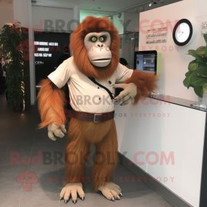 Beige Orangutan mascot costume character dressed with a Sheath Dress and Digital watches