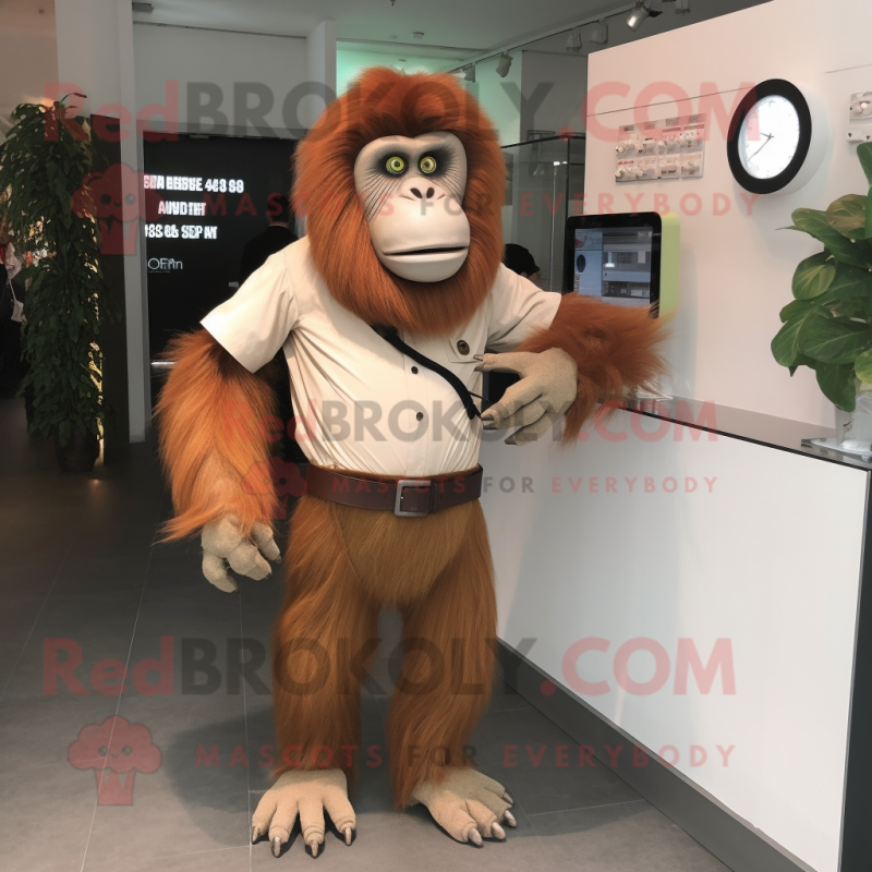 Beige Orangutan mascot costume character dressed with a Sheath Dress and Digital watches Beige Orangutan mascot costume character dressed with a Sheath Dress and Digital watches