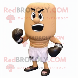 Tan Boxing Glove mascot costume character dressed with a Pleated Skirt and Lapel pins