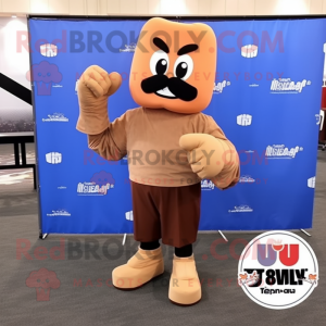 Tan Boxing Glove mascot costume character dressed with a Pleated Skirt and Lapel pins