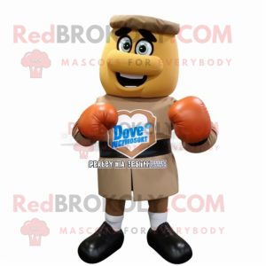Tan Boxing Glove mascot costume character dressed with a Pleated Skirt and Lapel pins