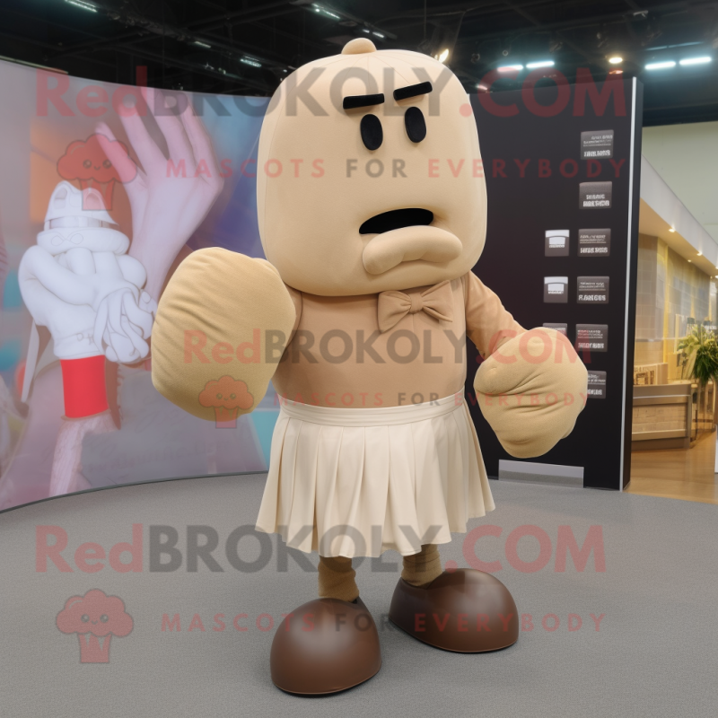 Tan Boxing Glove mascot costume character dressed with a Pleated Skirt and Lapel pins