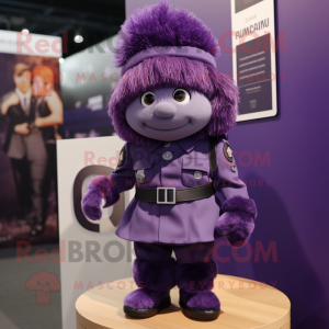Purple Para Commando mascot costume character dressed with a Pleated Skirt and Lapel pins
