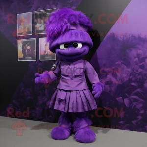 Purple Para Commando mascot costume character dressed with a Pleated Skirt and Lapel pins