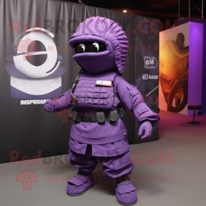 Purple Para Commando mascot costume character dressed with a Pleated Skirt and Lapel pins