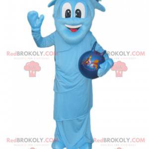 Zeer glimlachende blauwe karaktermascotte met een blauwe ballon