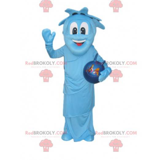 Mascote de personagem azul muito sorridente com um balão azul -