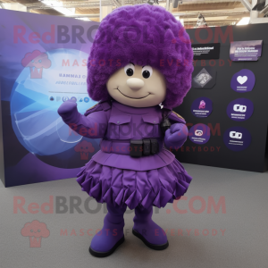 Purple Para Commando mascot costume character dressed with a Pleated Skirt and Lapel pins