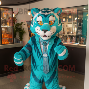 Teal Tiger mascot costume character dressed with a Dress Shirt and Earrings