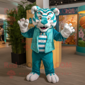 Teal Tiger mascot costume character dressed with a Dress Shirt and Earrings