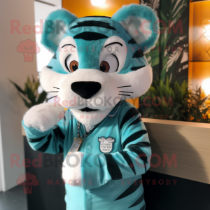 Teal Tiger mascot costume character dressed with a Dress Shirt and Earrings