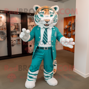 Teal Tiger mascot costume character dressed with a Dress Shirt and Earrings