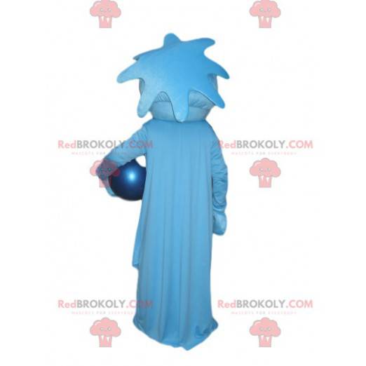 Mascote de personagem azul muito sorridente com um balão azul -