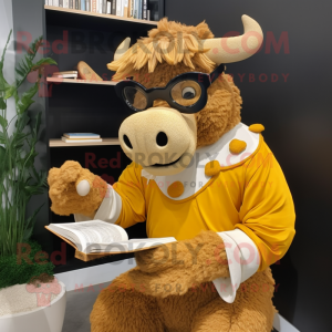 Gold Buffalo mascot costume character dressed with a Culottes and Reading glasses