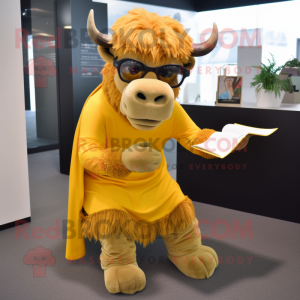 Gold Buffalo mascot costume character dressed with a Culottes and Reading glasses