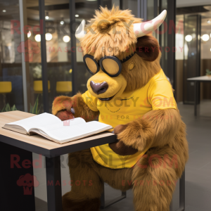 Gold Buffalo mascot costume character dressed with a Culottes and Reading glasses