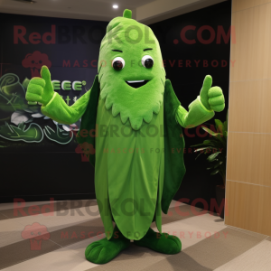 Forest Green Celery mascot costume character dressed with a Suit and Shawls