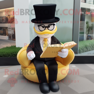 Gold Pho mascot costume character dressed with a Tuxedo and Reading glasses
