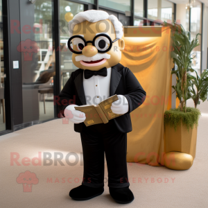 Gold Pho mascot costume character dressed with a Tuxedo and Reading glasses