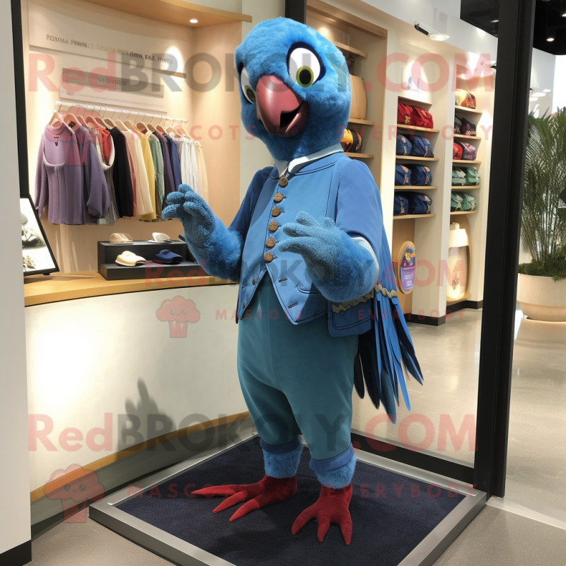 Blue Parrot mascot costume character dressed with a Dress Pants and Coin purses