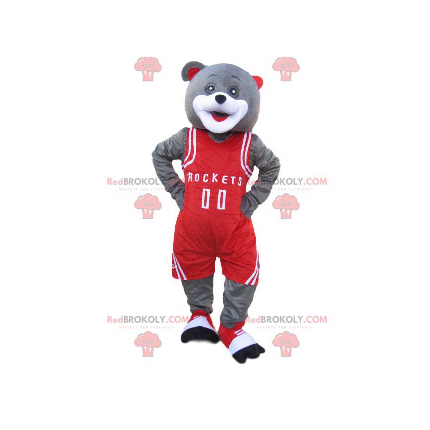 Mascota oso gris con ropa deportiva roja - Redbrokoly.com