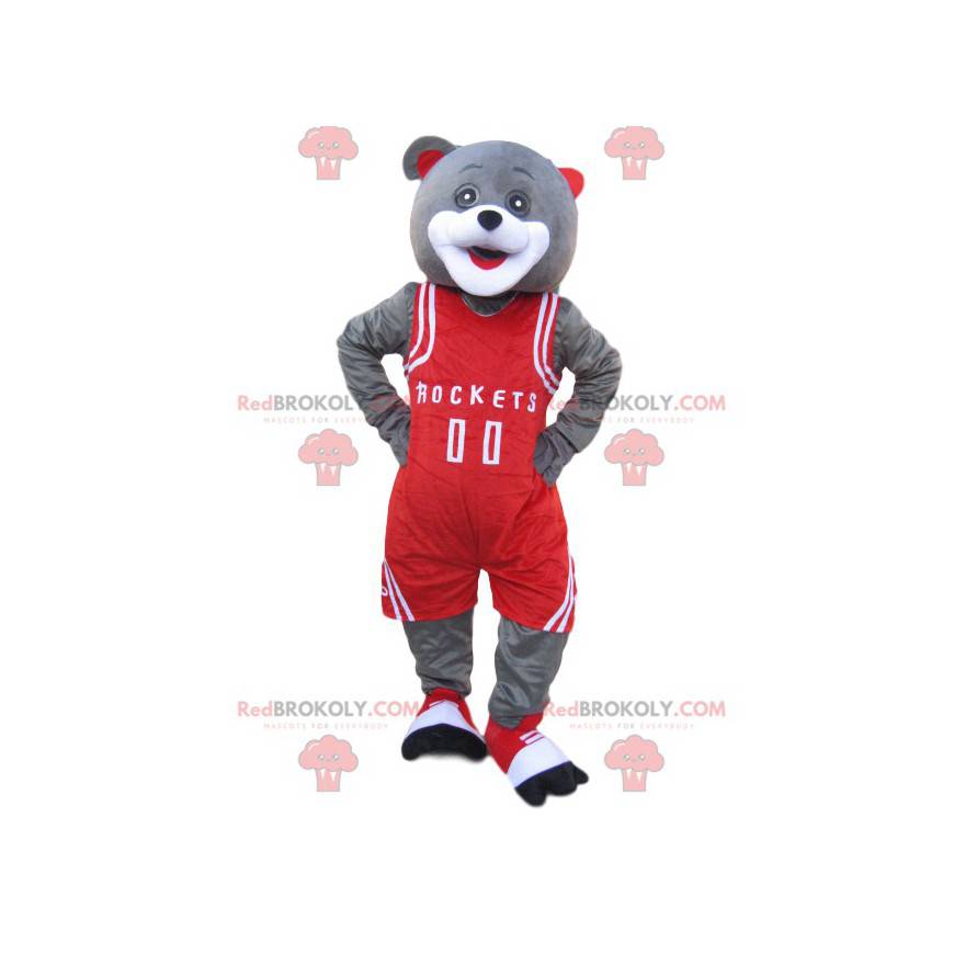 Mascotte d'ours gris avec une tenue de sport rouge -