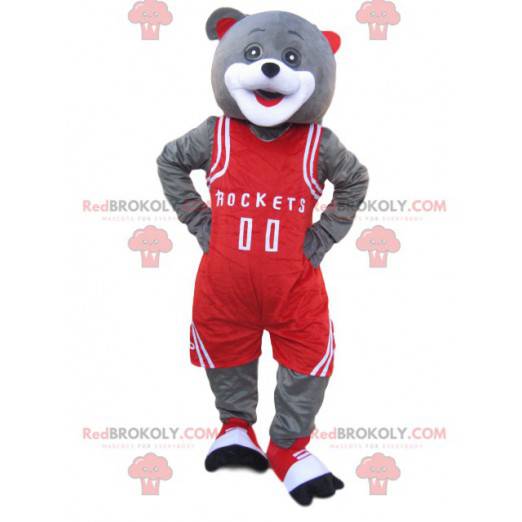 Mascote urso cinza com roupa esportiva vermelha - Redbrokoly.com