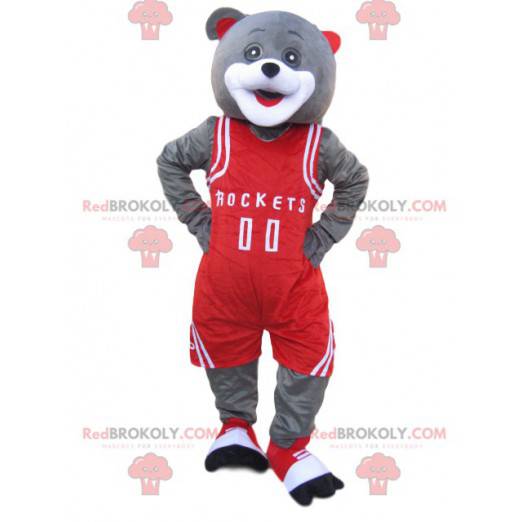 Mascotte d'ours gris avec une tenue de sport rouge -