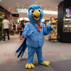 Blue Parrot mascot costume character dressed with a Dress Pants and Coin purses