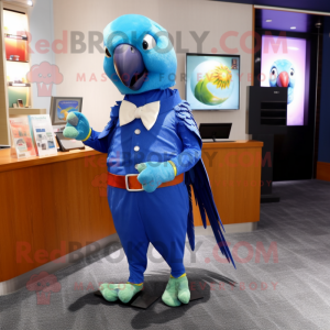 Blue Parrot mascot costume character dressed with a Dress Pants and Coin purses
