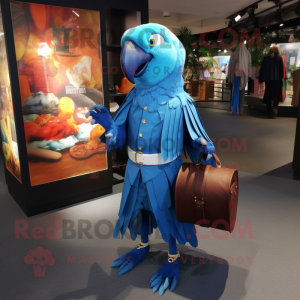 Blue Parrot mascot costume character dressed with a Dress Pants and Coin purses