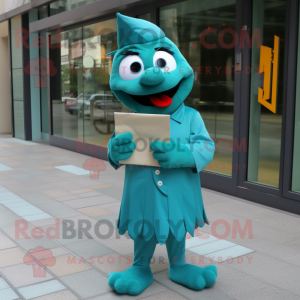 Teal Love Letter mascot costume character dressed with a Dress Shirt and Coin purses