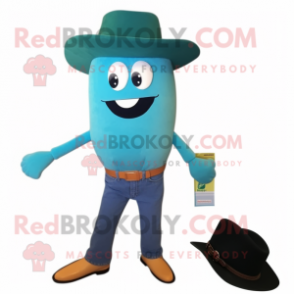 Teal Shakshuka mascot costume character dressed with a Bootcut Jeans and Tie pins
