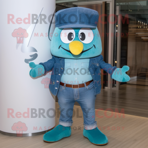 Teal Shakshuka mascot costume character dressed with a Bootcut Jeans and Tie pins