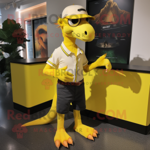 Lemon Yellow Deinonychus mascot costume character dressed with a Bermuda Shorts and Belts