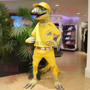 Lemon Yellow Deinonychus mascot costume character dressed with a Bermuda Shorts and Belts