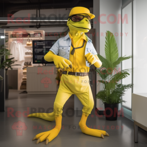 Lemon Yellow Deinonychus mascot costume character dressed with a Bermuda Shorts and Belts