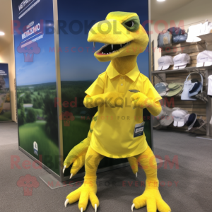 Lemon Yellow Deinonychus mascot costume character dressed with a Bermuda Shorts and Belts