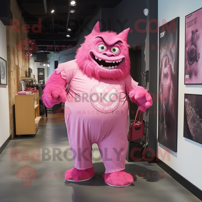 Pink Ogre mascot costume character dressed with a Jumpsuit and Tote bags