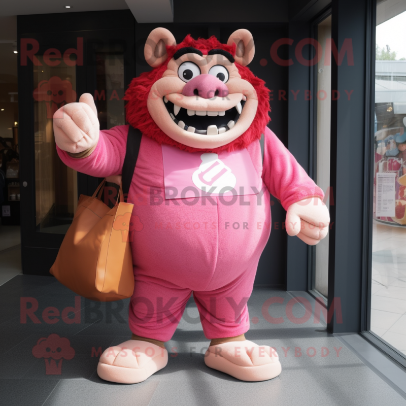 Pink Ogre mascot costume character dressed with a Jumpsuit and Tote bags
