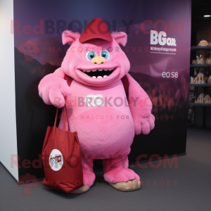 Pink Ogre mascot costume character dressed with a Jumpsuit and Tote bags