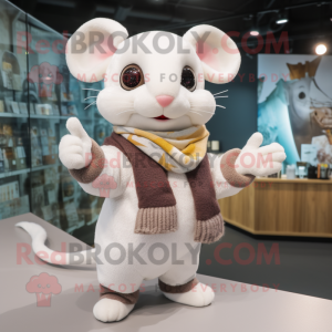 White Dormouse mascot costume character dressed with a Sweater and Gloves