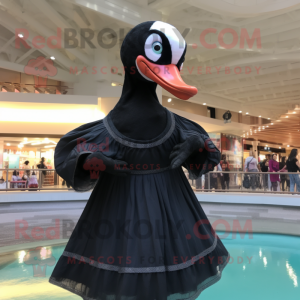 Black Swan mascot costume character dressed with a One-Piece Swimsuit and Shawl pins