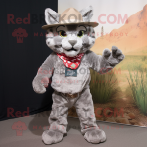 Gray Bobcat mascot costume character dressed with a Flare Jeans and Hat pins