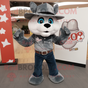Gray Bobcat mascot costume character dressed with a Flare Jeans and Hat pins