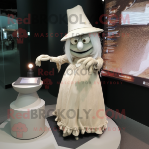 Beige Witch'S Hat mascot costume character dressed with a Wedding Dress and Bracelet watches