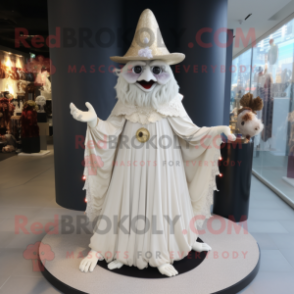 Beige Witch'S Hat mascot costume character dressed with a Wedding Dress and Bracelet watches