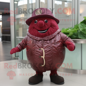 Maroon Corned Beef And Cabbage mascot costume character dressed with a Leather Jacket and Hat pins