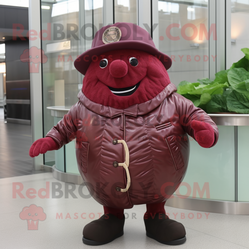 Maroon Corned Beef And Cabbage mascot costume character dressed with a Leather Jacket and Hat pins Maroon Corned Beef And Cabbage mascot costume character dressed with a Leather Jacket and Hat pins